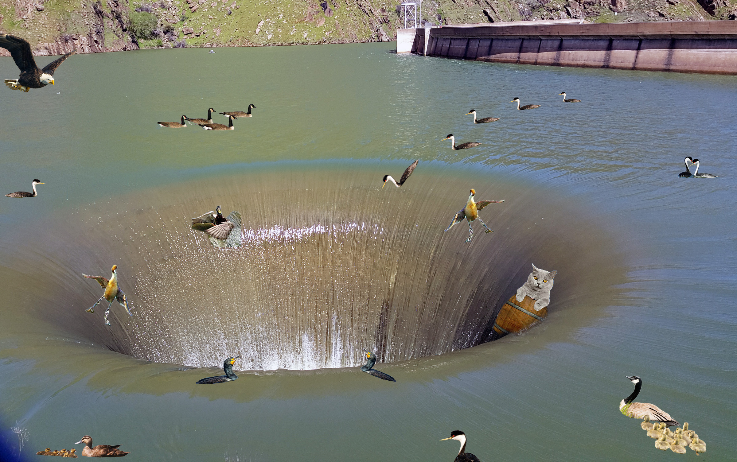Bird Goes Over the Glory Hole Waterfall Without A Barrel.